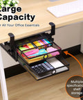 Under Desk And Desktop Drawer Organizer with 2 Tier Metal Slide Out Drawers in Black holding office supplies