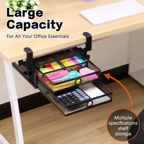 Under Desk And Desktop Drawer Organizer with 2 Tier Metal Slide Out Drawers in Black holding office supplies