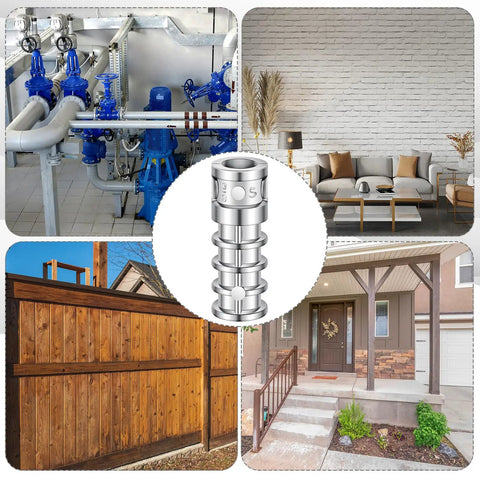 Collage with industrial pipes, modern living room, wooden fence, and home entrance featuring 25 Pack Lag Shield Concrete Anchors 3/8 By 1-3/4 Inch Heavy Duty Beefy Zinc Alloy Masonry Anchors For Cinder Block And Masonry Holes With Short Lag Screws Durable Rust Resistant Construction.