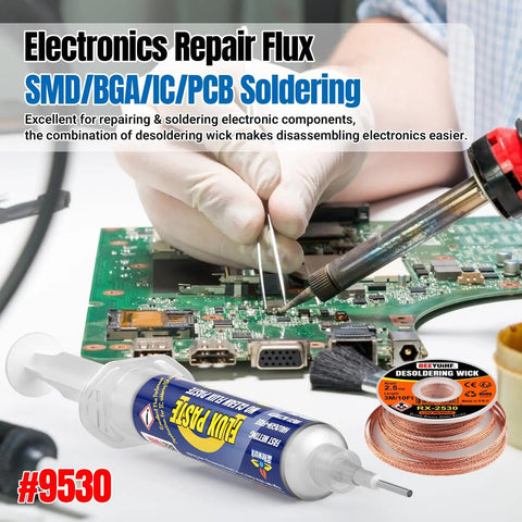 No Mess No Clean Soldering Flux Paste 9530 In A 10cc Syringe Plus 3M Desoldering Wick Braid Ten Feet Long Two Point Five Millimeter Electronics Soldering Repairs Cleaning Kit For Quick Joint Cleanups visible with electronics board and tools