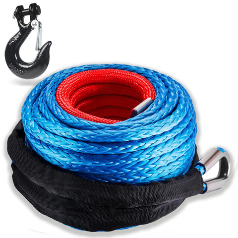 Beefy Heavy Duty Synthetic Winch Rope Three Eighths Inch By Ninety Two Feet With Hook And Protective Sleeve For Four By Four Off Road Trucks SUVs And Jeeps 27000 Pound Breaking Strength Lightweight UHMWPE Cable Kit, coiled blue rope with hook and black sleeve