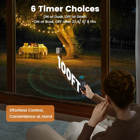 Outdoor Power Stake Timer With Remote Waterproof And Dusk To Dawn Sensor 100 Ft Range 6 Outlets 6 Ft Extension Cord Ideal For Halloween Decorations Holiday Lights And Garden shown in use by window with remote control