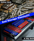 Eight Piece Socket Organizer Set With Six Socket Trays And Two Wrench Racks For One Quarter Inch Three Eighths Inch And One Half Inch Sockets And Metric SAE Tools For Your Garage Or Toolbox in use on tidy workbench