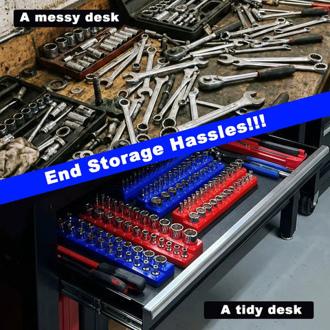 Eight Piece Socket Organizer Set With Six Socket Trays And Two Wrench Racks For One Quarter Inch Three Eighths Inch And One Half Inch Sockets And Metric SAE Tools For Your Garage Or Toolbox in use on tidy workbench