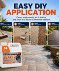 One Gallon Premium Wet Look Stone And Concrete Sealer application steps on pavers with a focus on clean and absorb process.