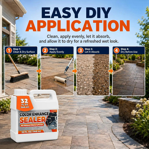 One Gallon Premium Wet Look Stone And Concrete Sealer application steps on pavers with a focus on clean and absorb process.