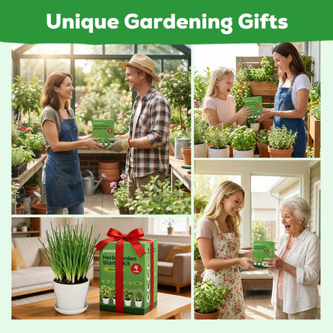 Indoor Herb Garden Starter Kit with four heirloom non GMO herb seeds, four pots, tools and markers, shown as a thoughtful gift.