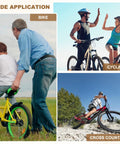 Man helping child with bike, two people high-fiving on bicycles, person riding bike on rocky trail, wide application text