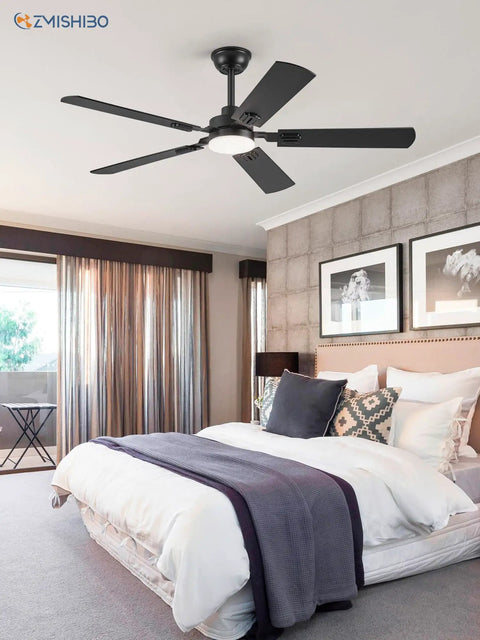 52 Inch Black Ceiling Fan With Lights, Modern Farmhouse Design in bedroom, Dual Finish Blades, 24W Dimmable LED Light