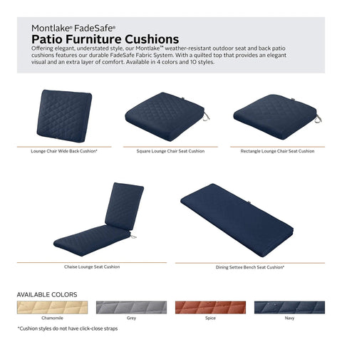 Montlake Water-Resistant Outdoor Quilted Bench Cushion For 54W X 18D X 3T Benches Navy Patio Swing Seat And Loveseat Pad All-Weather FadeSafe Fabric So Comfy Patio Furniture Cushion displayed in a variety of styles.