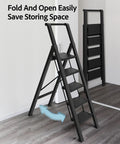 Five Step Aluminum Ladder Foldable Step Stool For Home And Garage Lightweight Under 10 Pounds Space Saving Grab And Go Convenience Stable Heavy Duty Build Open Height 45.6 Inches Folds Down To 2.17 Inches For Easy Storage, folded and open black ladder