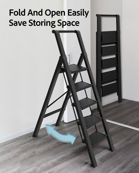 Five Step Aluminum Ladder Foldable Step Stool For Home And Garage Lightweight Under 10 Pounds Space Saving Grab And Go Convenience Stable Heavy Duty Build Open Height 45.6 Inches Folds Down To 2.17 Inches For Easy Storage, folded and open black ladder