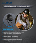 Full Brim FRP Safety Hard Hat With 4 Point Adjustable Ratchet Suspension, OSHA Compliant Type I Class C worn by a worker.