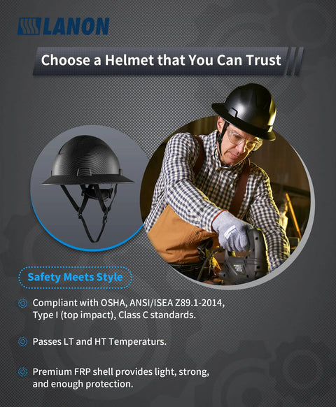 Full Brim FRP Safety Hard Hat With 4 Point Adjustable Ratchet Suspension, OSHA Compliant Type I Class C worn by a worker.