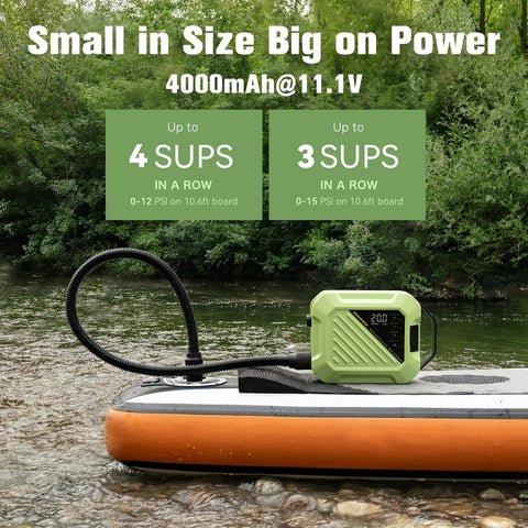 Electric Paddle Board Pump 20 PSI High-Pressure Rechargeable SUP Air Pump on paddleboard by a river