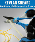 Person using Kevlar Friendly Ergonomic Fiber Optic Cutter 6 Inch Pro Grade Shears for Tough Cable Jobs on yellow fibers