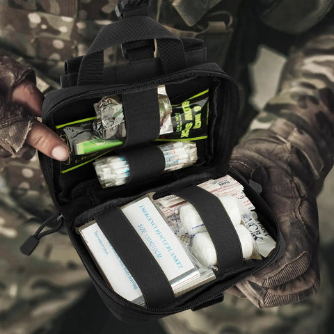 Open Tactical EMT Pouch Upgrade IFAK Tear Away First Aid Kit showing medical supplies in a compact nylon organizer