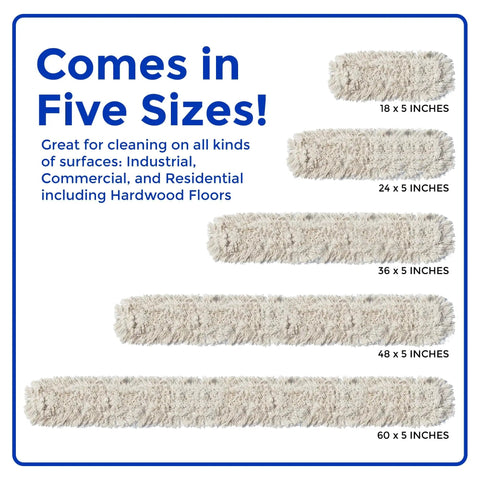 Various sizes of industrial-grade cotton dust mop head refills shown for cleaning different floor types.