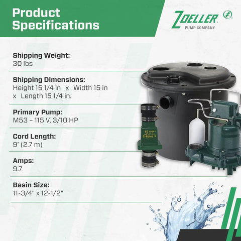 Automatic Drain Pump System With 0.3 HP Submersible Sump Pump 115V Utility Pump product specifications sheet with image