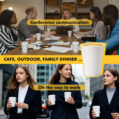 Conference room meeting with 8 Oz Disposable Coffee Cups 500 Pack, Leakproof Thickened Paper Cups on table.