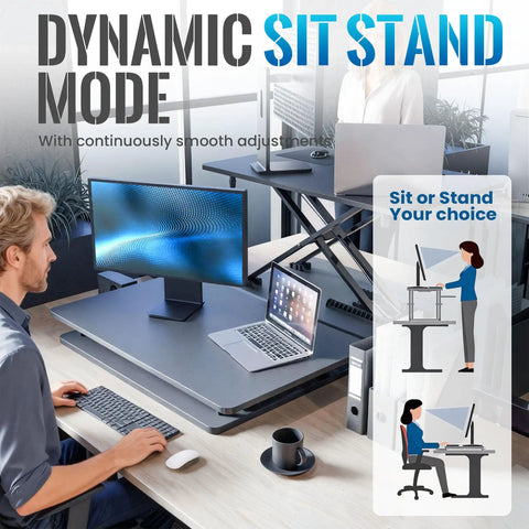 Ergonomic Standing Desk Converter With Quick Height Adjustment, black, in use with laptop and monitor in office setting