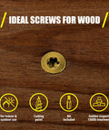 Close-up of screw head in wood, labeled 'Ideal Screws for Wood' with icons showing indoor use, cutting point, bit, and rust resistance.