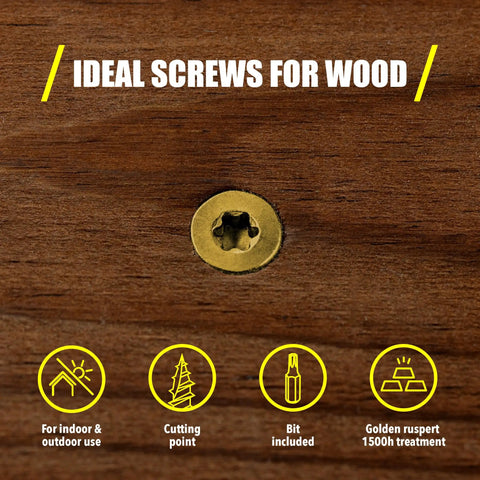 Close-up of screw head in wood, labeled 'Ideal Screws for Wood' with icons showing indoor use, cutting point, bit, and rust resistance.