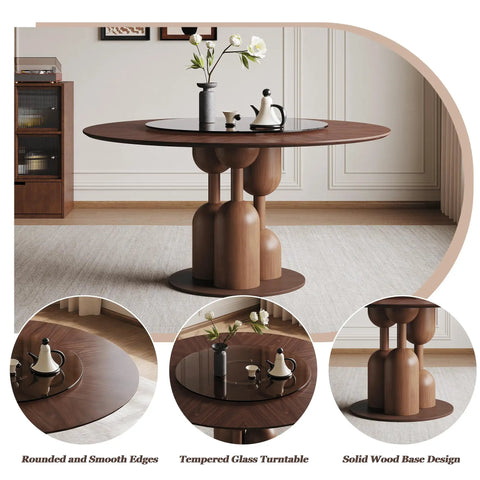 High Grade Oak Wabi Sabi Round Dining Table With 35 Inch Tempered Glass Lazy Susan And Walnut Detail Slick Build Kickin Durability Prime Choice For Daily Meals And Family Hangouts, featuring solid wood base design.