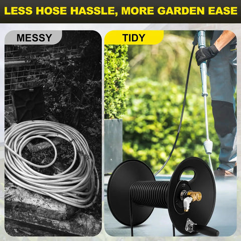 Heavy Duty Built To Last 100Ft Three Eighths Inch NPT Pressure Washer Hose Reel With Swivel Arm Steel Wall Mount Bracket 4000 PSI