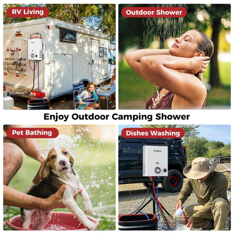 Grab And Go Portable Propane Water Heater Boasting Instant 1.32 Gpm Hot Flow And A Hefty 34000 BTU Output tailored for outdoor showers and RV living.