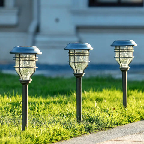 Bright Solar Pathway Lights 4 Pack Outdoor Waterproof Crackle Glass Aluminum Stake Lights for garden walkway landscape decor solar powered