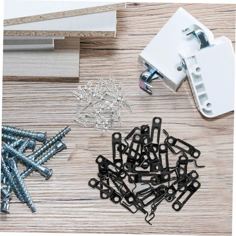 Thirty Piece Hassle Free Furniture Connector Slide Buckle With No Sweat Tool Free Snap On Kit For Couch Sofa Wardrobe Cabinet And Bookshelf Hidden Joint Fastener Easy Home Diy Fix, assorted hardware including black connectors and screws.