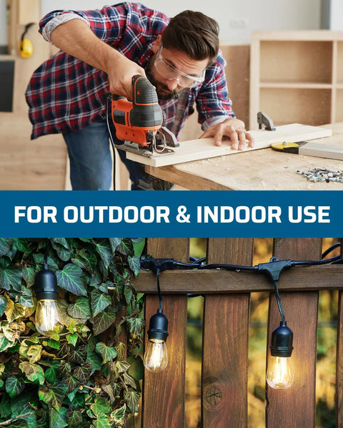 Man using a saw indoors, outdoor string lights hanging on a fence covered with leaves, highlighting versatility for use.