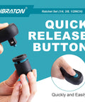 Hands demonstrating quick release button on Beefy Three Piece Ratchet Set With One Quarter Inch Drive Three Eighth Inch Drive And One Half Inch Drive Quick Release Head Seventy Two Tooth Reversible Mechanism Comfortable Grip Handles EVA Organizer For Car Repair.
