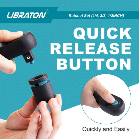 Hands demonstrating quick release button on Beefy Three Piece Ratchet Set With One Quarter Inch Drive Three Eighth Inch Drive And One Half Inch Drive Quick Release Head Seventy Two Tooth Reversible Mechanism Comfortable Grip Handles EVA Organizer For Car Repair.