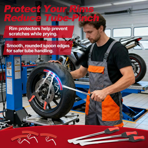 Mechanic using 38 Piece Tire Spoon Tool Set Heavy Duty With 14.5 Inch And 11.5 Inch Levers Pro Grade Rim Protectors in workshop