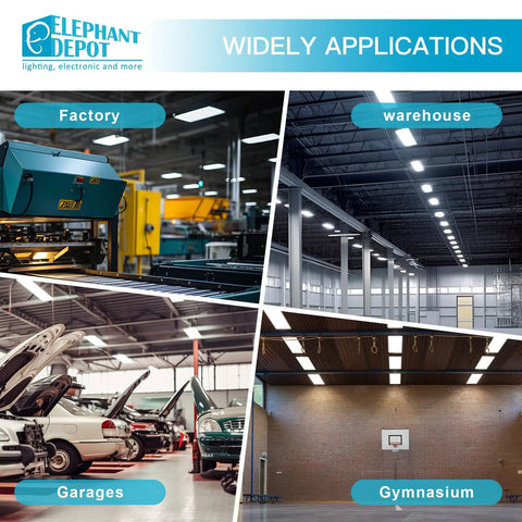 Heavy Duty Led Linear High Bay Workhorse With Motion Sensor, 210 Watt 2 Pack showcases lighting in factory, warehouse, garage, and gym.