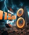 Epic 180W Peak Party Bluetooth Speaker With Four Drivers, Dual 4.04 Inch Subwoofers displayed with bright lights and rocky backdrop