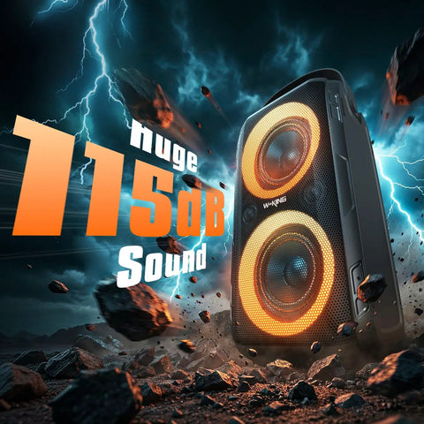 Epic 180W Peak Party Bluetooth Speaker With Four Drivers, Dual 4.04 Inch Subwoofers displayed with bright lights and rocky backdrop