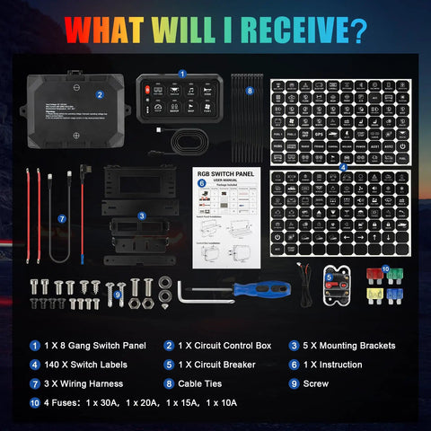 RGB 8 Gang Switch Panel High Power Multifunction Toggle Box components layout with waterproof features and accessories.