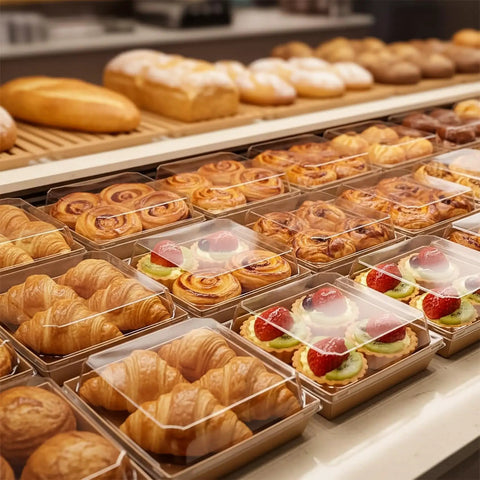 Bakery display with pastries in 100 Pack Charcuterie Boxes With Clear Lids, 5.4 By 5 By 2.5 Inches Disposable Brown Square Food Containers