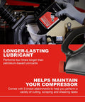 Ingersoll Rand OEM All Season Select Synthetic Lubricant, 5L bottle, poured into a compressor by gloved hand
