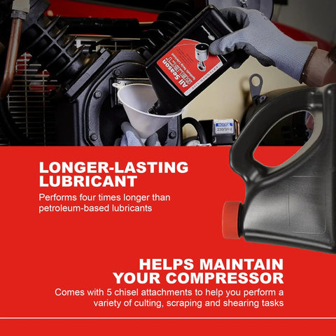 Ingersoll Rand OEM All Season Select Synthetic Lubricant, 5L bottle, poured into a compressor by gloved hand