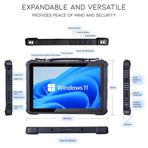 Heavy Duty Rugged Windows 11 Pro Tablet Featuring An Integrated Barcode Scanner All Day Juice And An Ironclad Exterior, showing port layout and controls.