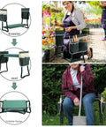 Collage of garden kneeler and seat foldable stool with thick EVA pad and dual tool pouches in various uses and positions in green.