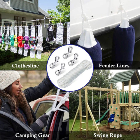 Rugged Nylon Flag Pole Rope Kit 50 Feet Long One Quarter Inch Diameter With Four Swivel Snap Clips and outdoor uses.