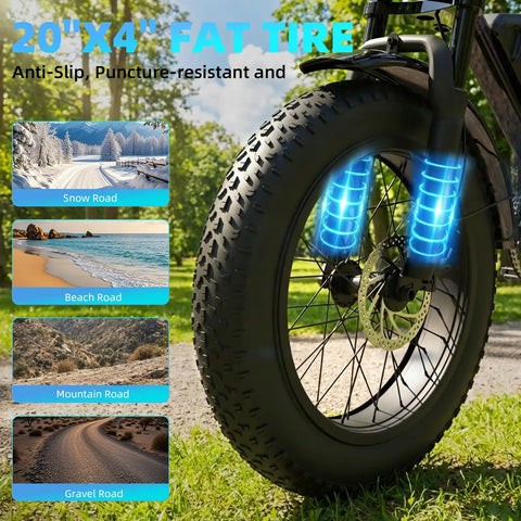 Close-up of Beast 2000W Electric Fat Tire Bike's 20-inch fat tire, designed for snow, beach, and mountain roads.