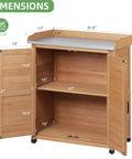All In One Outdoor Potting Bench With Storage Cabinet And Metal Work Surface For Garden And Patio dimensions shown, open doors