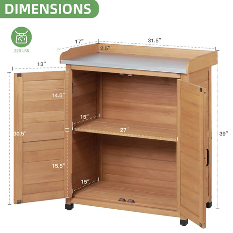 All In One Outdoor Potting Bench With Storage Cabinet And Metal Work Surface For Garden And Patio dimensions shown, open doors