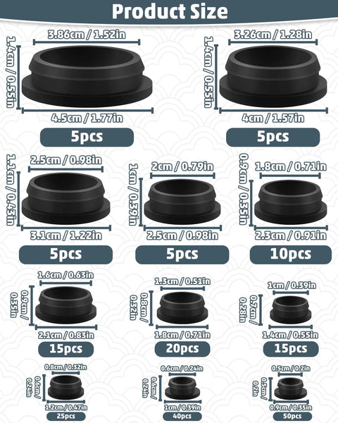 195 Pcs Black Silicone Hole Plugs Assortment Kit With Storage Box For Wire Gaps In Automotive Furniture Cabinet Electrical DIY Sealing And Cable Management Projects Big Flexible Grommet Covers To Fix Messy Holes Super Easy Install. size chart